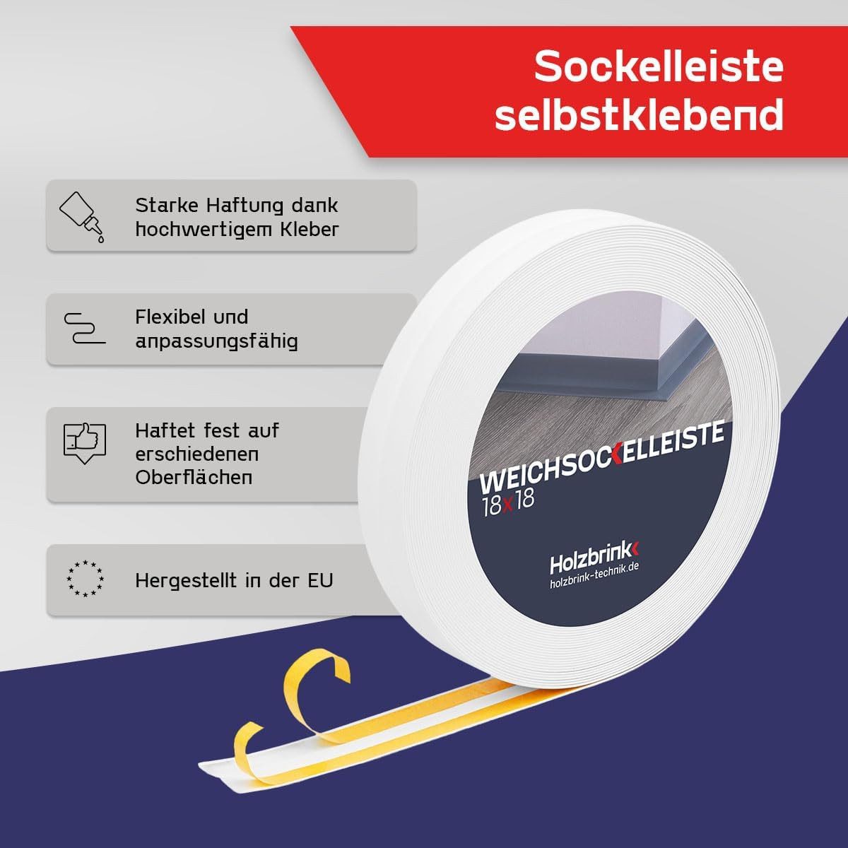 HOLZBRINK Sockelleiste PVC Weichsockelleiste selbstklebend 18x18mm Weiß, L: 500 cm, 5m Rolle, Küchenabschlussleiste Arbeitsplatte, Fensterleiste, Fensterabdichtung