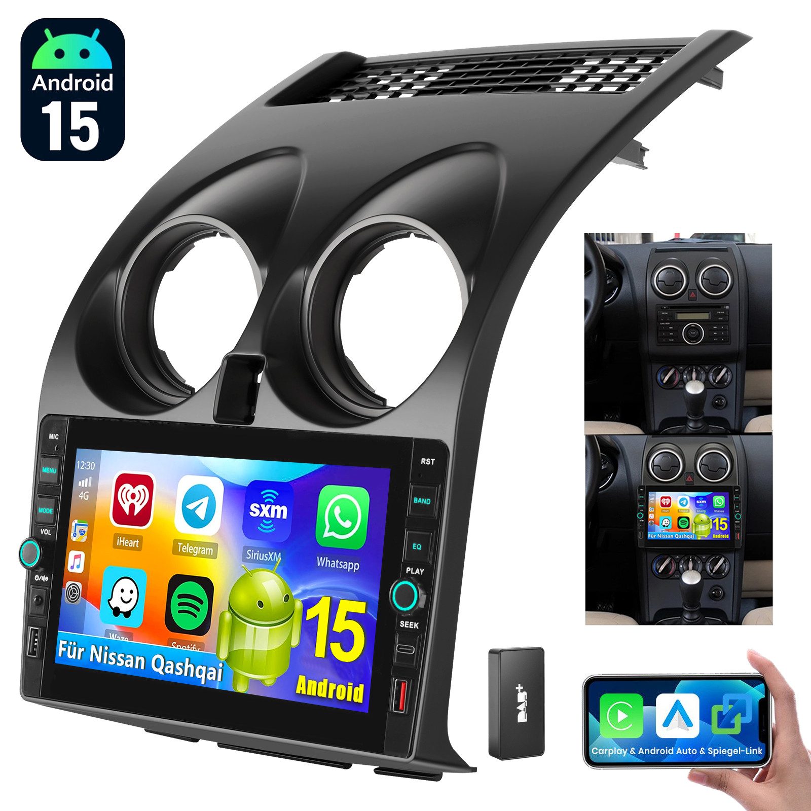 ESSGOO Für Nissan Qashqai J10 07-15 Android 15 Carplay Autoradio GPS Navi USB Autoradio (RDS, 4+64GB(optional), Digitalradio (DAB), FM, SWC, Apple Carplay Android Auto GPS Navi WIFI BT EQ mit USB und Type-C)