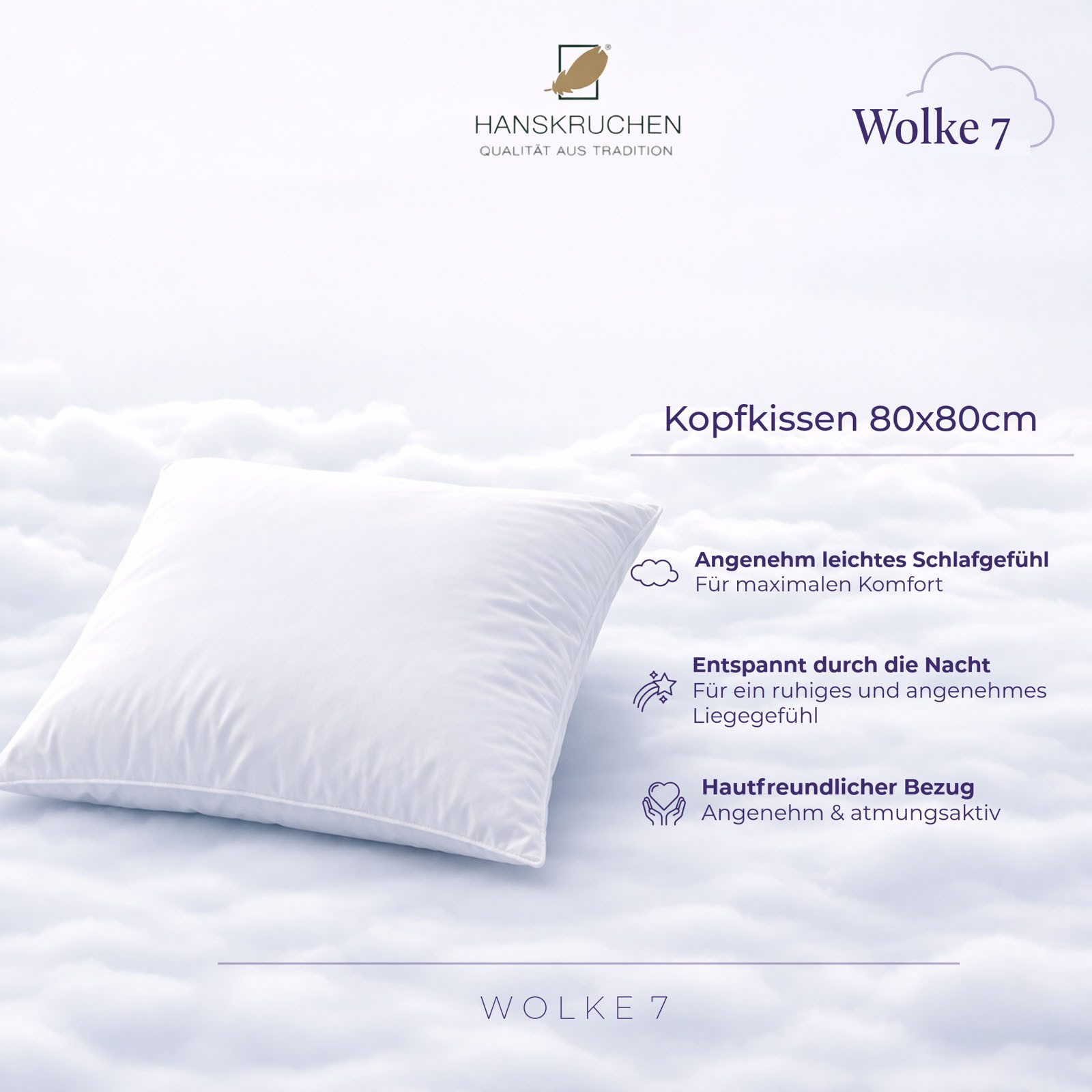 HANSKRUCHEN 3-Kammer-Kopfkissen HANSKRUCHEN Daunenkissen Kopfkissen Wolke 7 Fest 80 x 80 cm, Füllung: 90% Daunen, 10% Federn, Bezug: 1005 Baumwolle, hergestellt in Deutschland, für Allergiker geeignet
