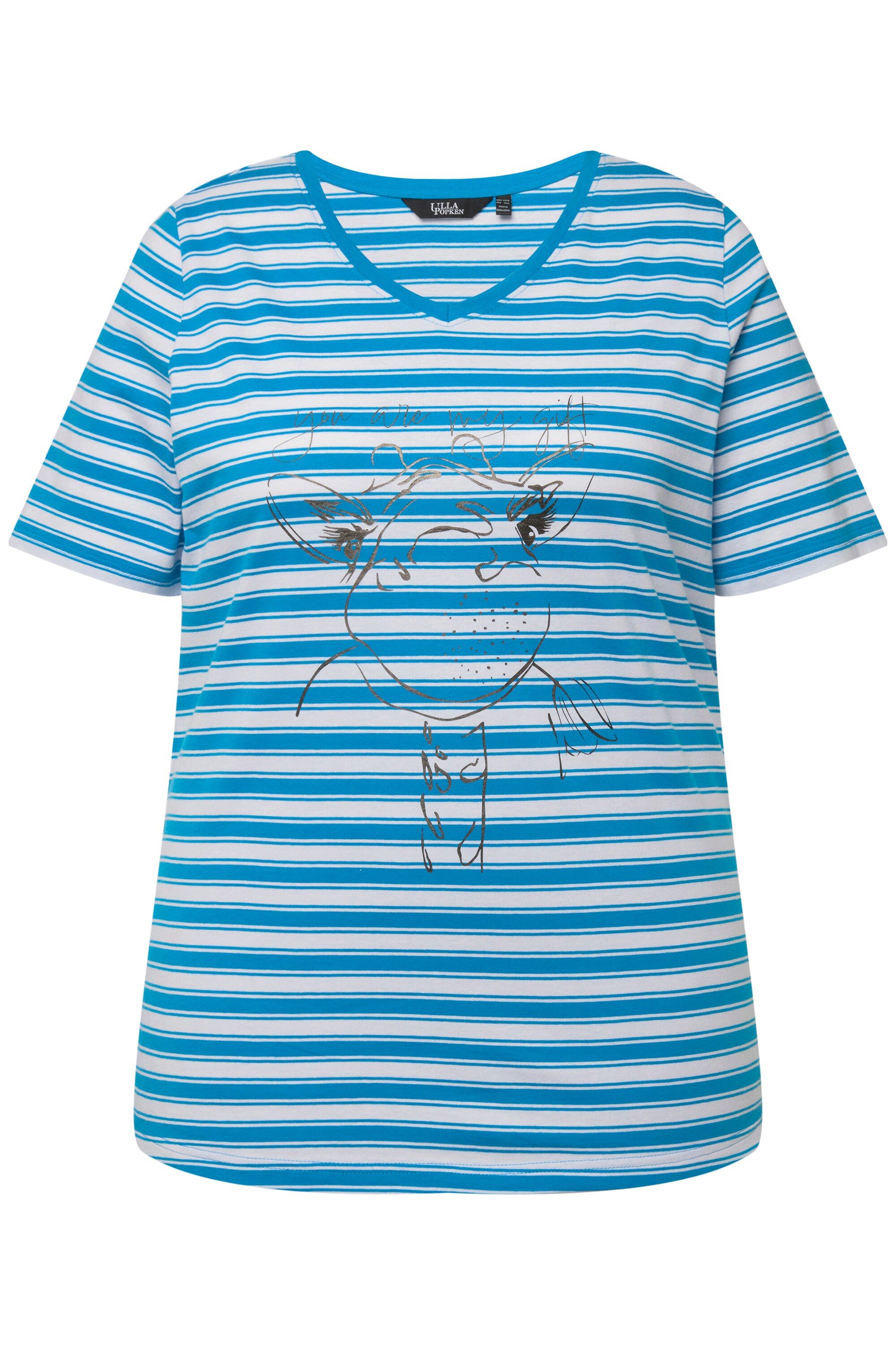 Ulla Popken T-Shirt T-Shirt Ringel Metallic-Tiermotiv V-Ausschnitt günstig online kaufen