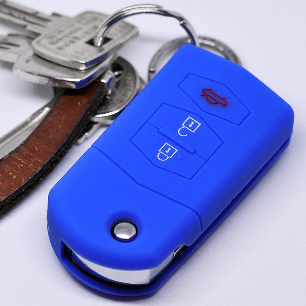 mt-key Schlüsseltasche Autoschlüssel Softcase Silikon Schutzhülle Blau, für Mazda CX-5 2 3 4 5 6 RX-8 3 Tasten Klappschlüssel