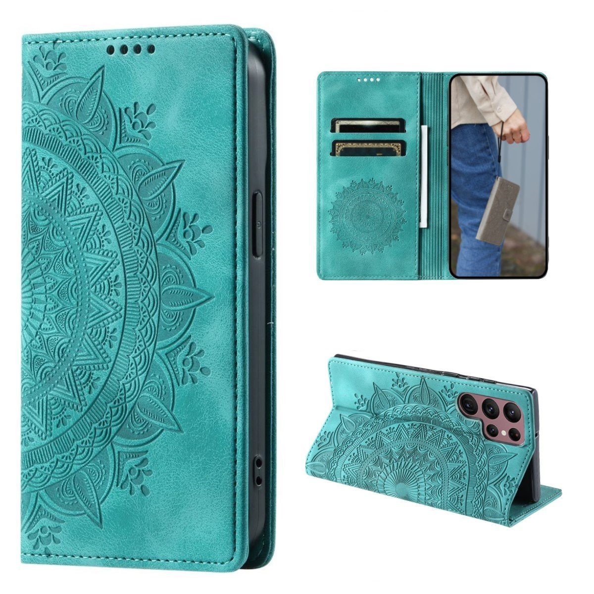 CoverKingz Handyhülle Hülle für Samsung Galaxy S24 Ultra Handyhülle Flip Case Cover Etui 17,3 cm (6,8 Zoll), Klapphülle Schutzhülle mit Kartenfach Schutztasche Motiv Mandala