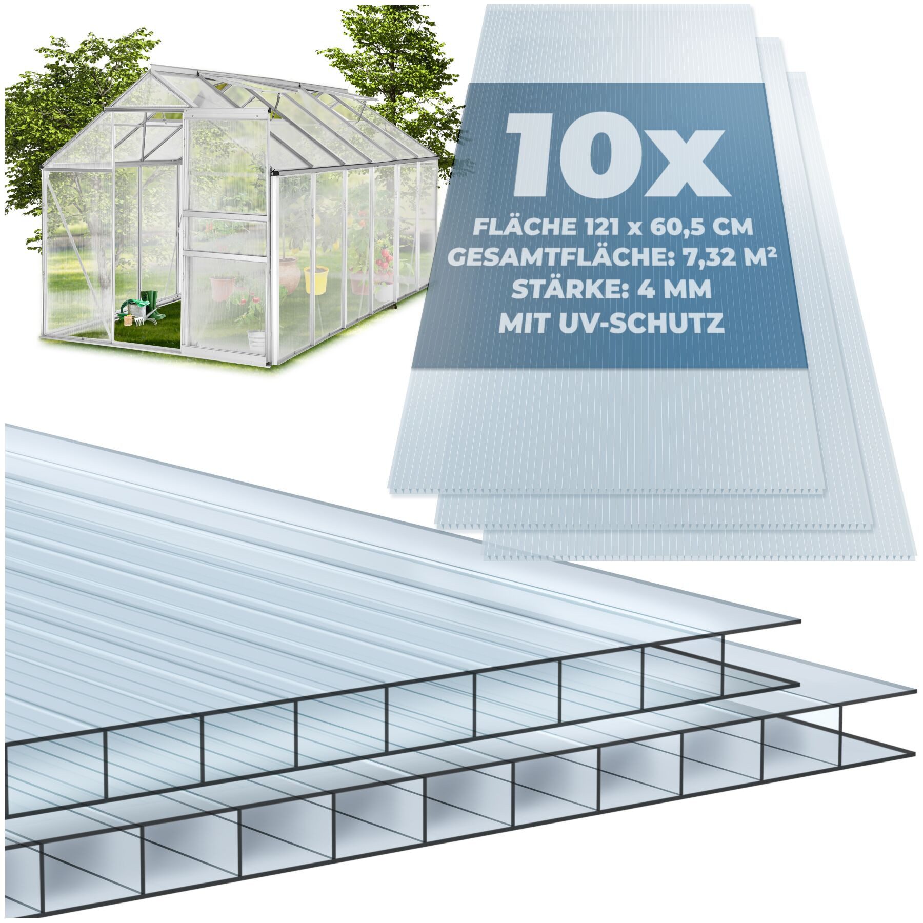 tectake Doppelstegplatte Hohlkammerplatten, UV-beständig, 121 x 60,5 x 0,4 cm je Platte, 0,4 mm, (Polycarbonat Stegplatten Shiny, 10-St., 7,32 m² Gesamtfläche), lichtdurchlässig, wärmedämmend, temperaturresistent, robust