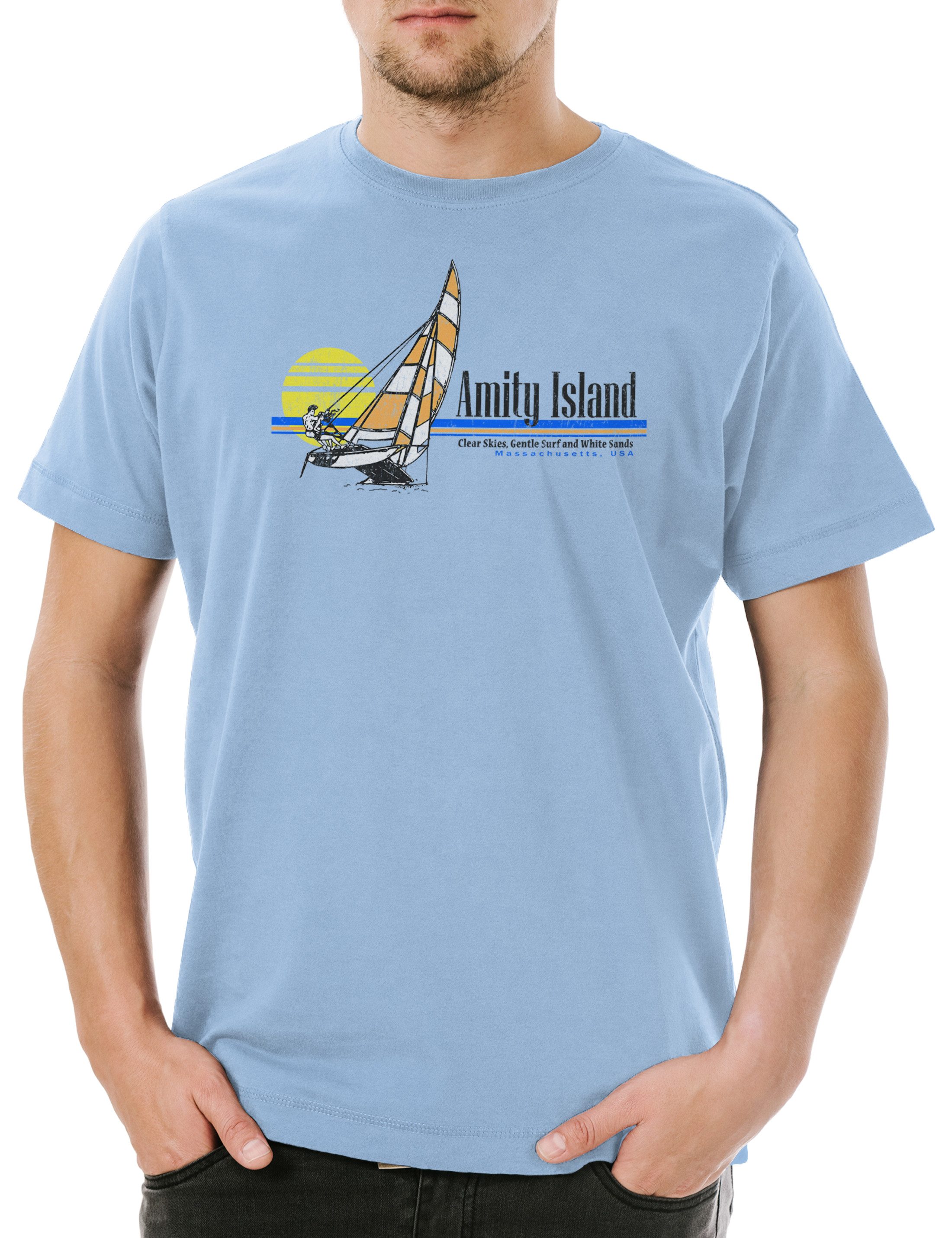 Print-Shirt Amity Island Surfing II Herren T-Shirt White Shark Great Boat Jaws