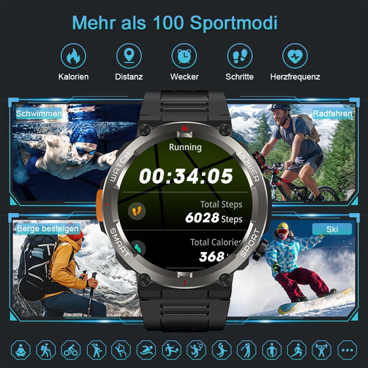 blackview 1,45'' Smartwatch Herren Militärqualität,960-mAh-Akku,100 Tage Standby Smartwatch (3,68 cm/1,45 Zoll, iOS/Android), IP68 Wasserdicht, Bluetooth-Anruf, Herzfrequenz,Uhr für Android/iOS