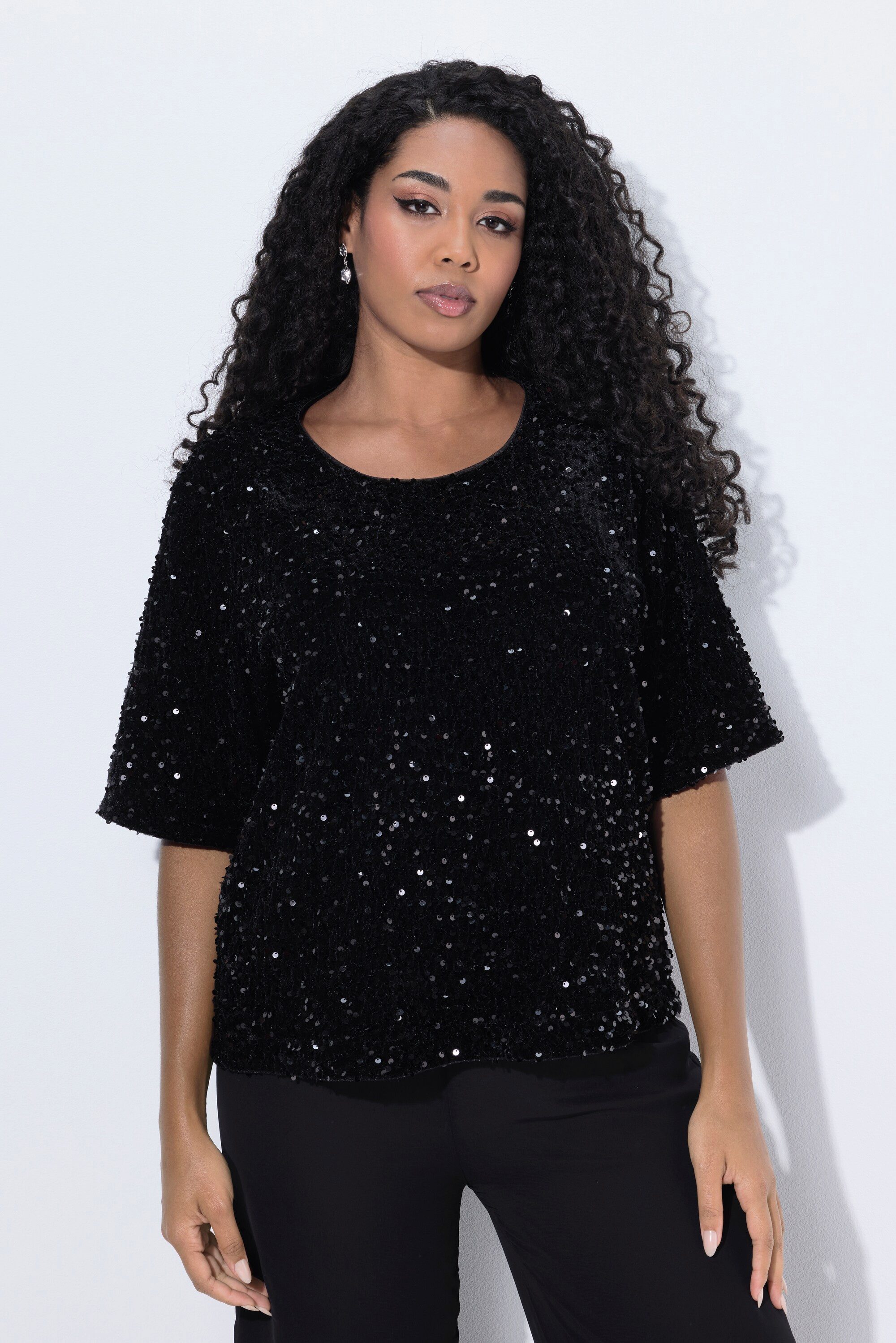 Ulla Popken T-Shirt Samtshirt Pailletten Rundhals günstig online kaufen