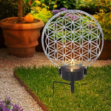 etc-shop LED Solarleuchte, LED-Leuchtmittel fest verbaut, Warmweiß, Solarlampe Gartenleuchte Dekolicht Metallscheibe Floral silber 2x LED