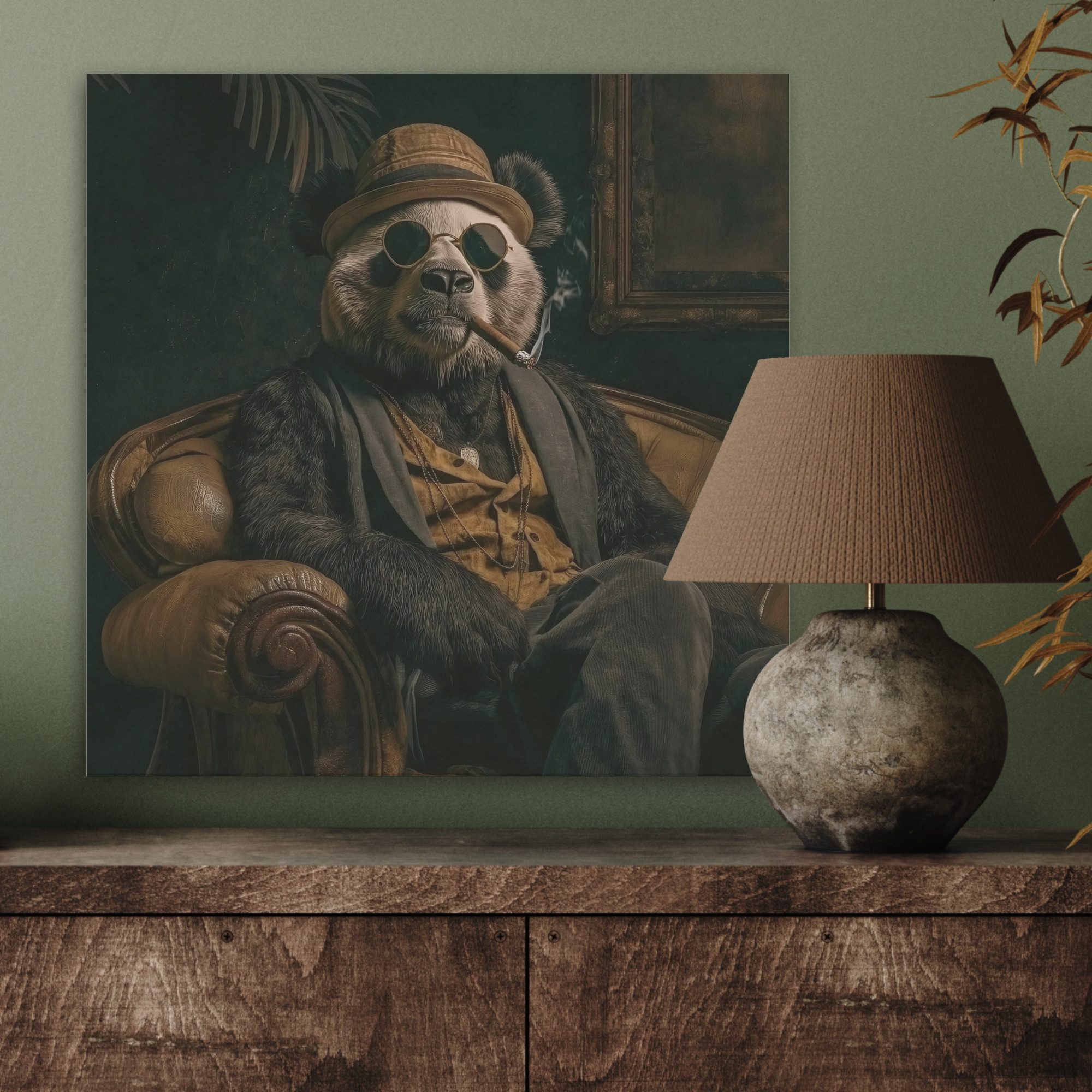 MuchoWow Gemälde Panda - Hut - Brille - Anzug, Fotodruck (1 St), Akustikbilder PET-Filz, Wandpaneele, Akustikpaneele 40x40 cm