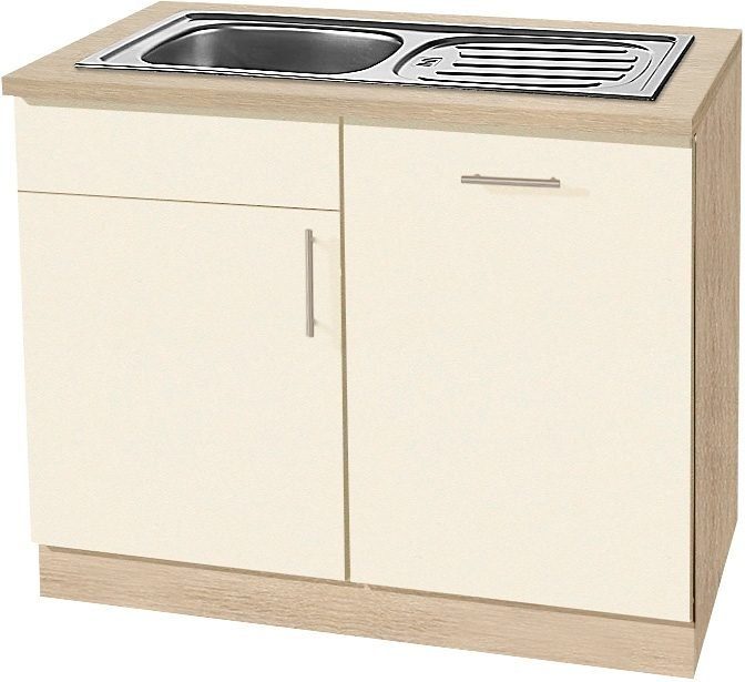 wiho Küchen Spülenschrank Kiel 110 cm breit, inkl. Tür/Griff/Sockel für Geschirrspüler Vanillefarben | Eichefarben