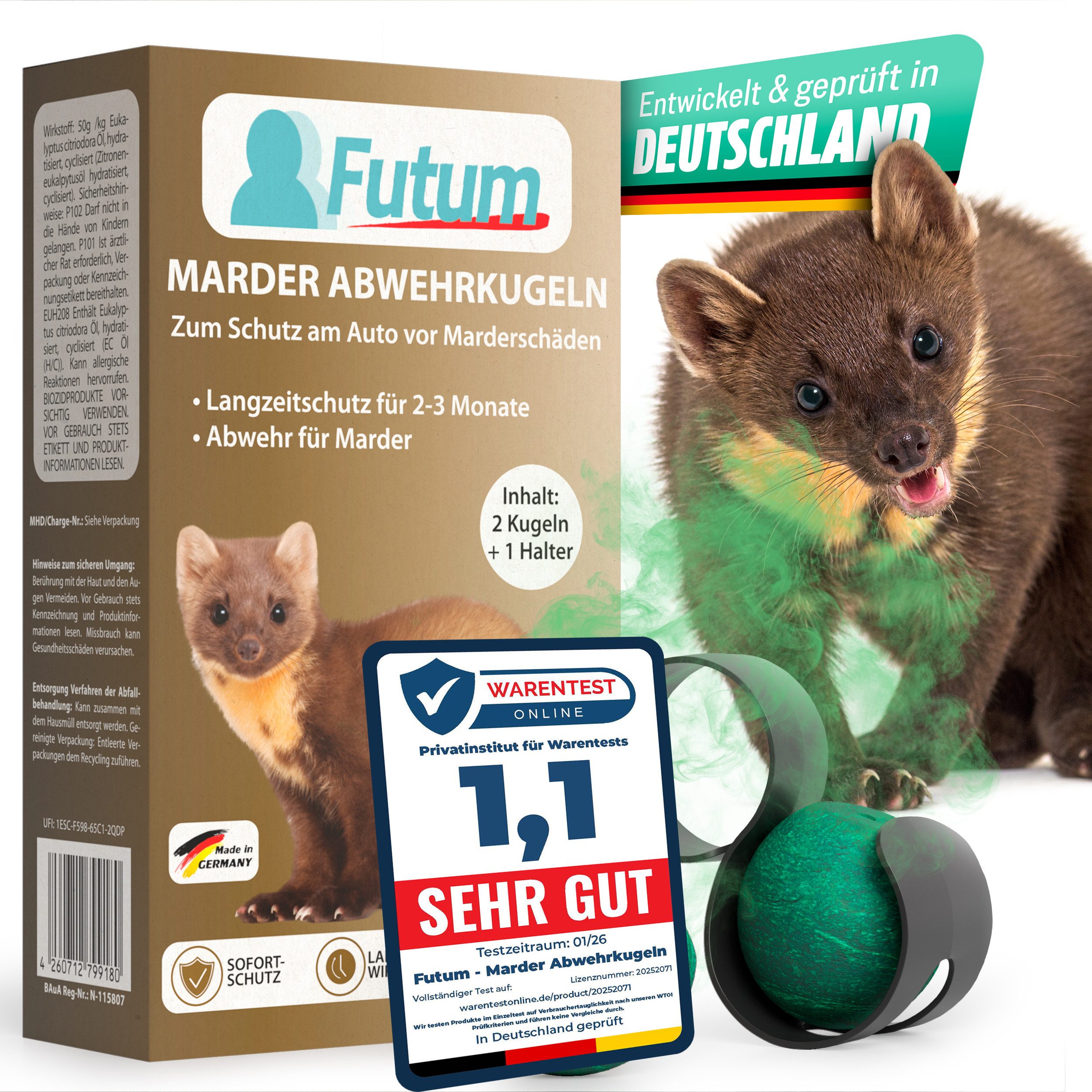 FUTUM Vergrämungsmittel 2er Set + 1 Halter Marderkugeln gegen Marder für das Auto Marderschutz, 2-St., Marderabwehr
