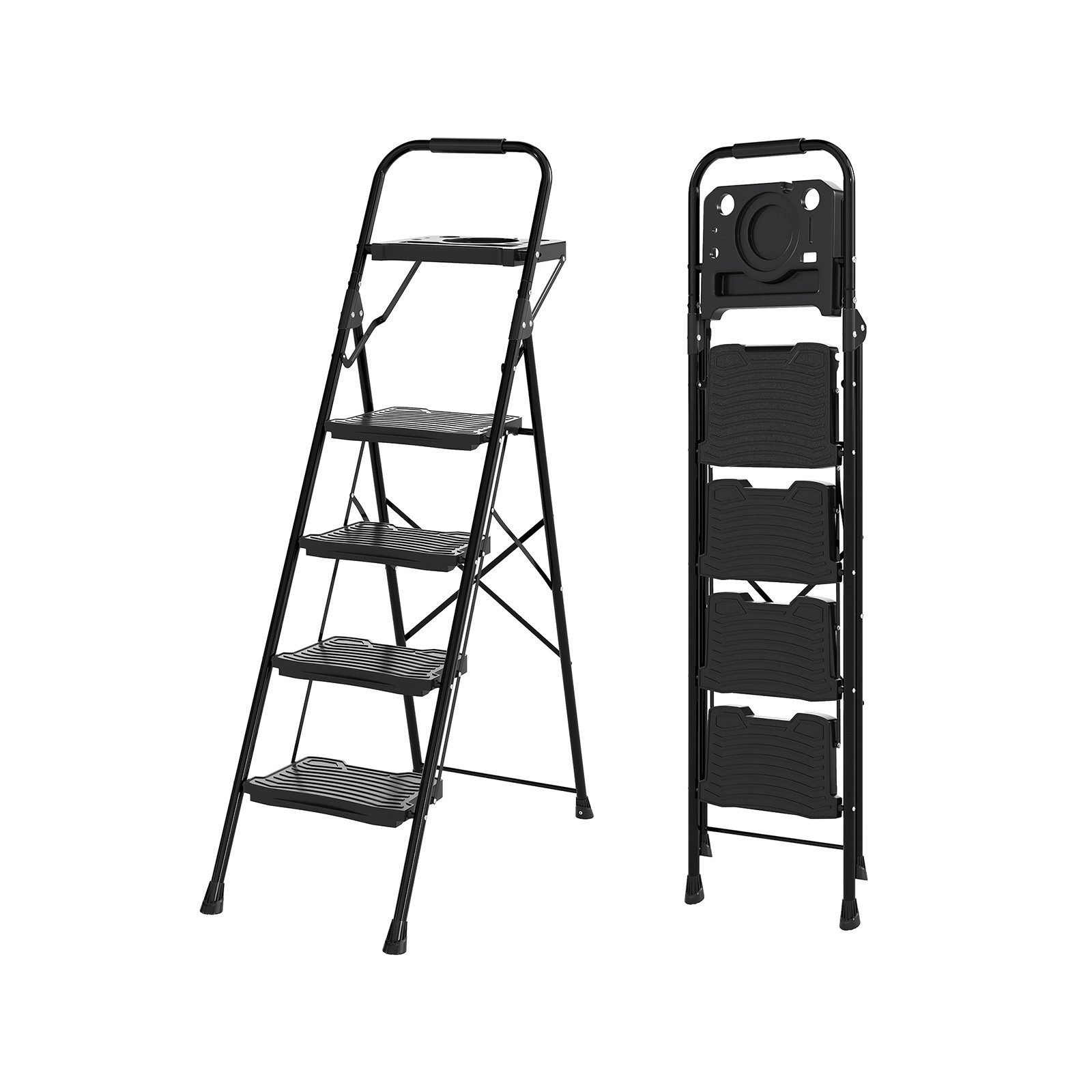 COSTWAY Trittleiter, 4-stufige Leiter mit Werkzeugablage, rutschfesten breiten Pedalen