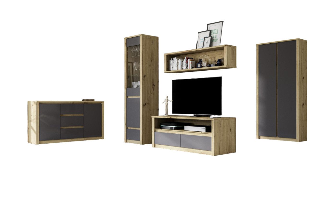 Wohnwand Moderne Wohnkombination mit Anrichte, Low Board und Regal in Holzoptik
