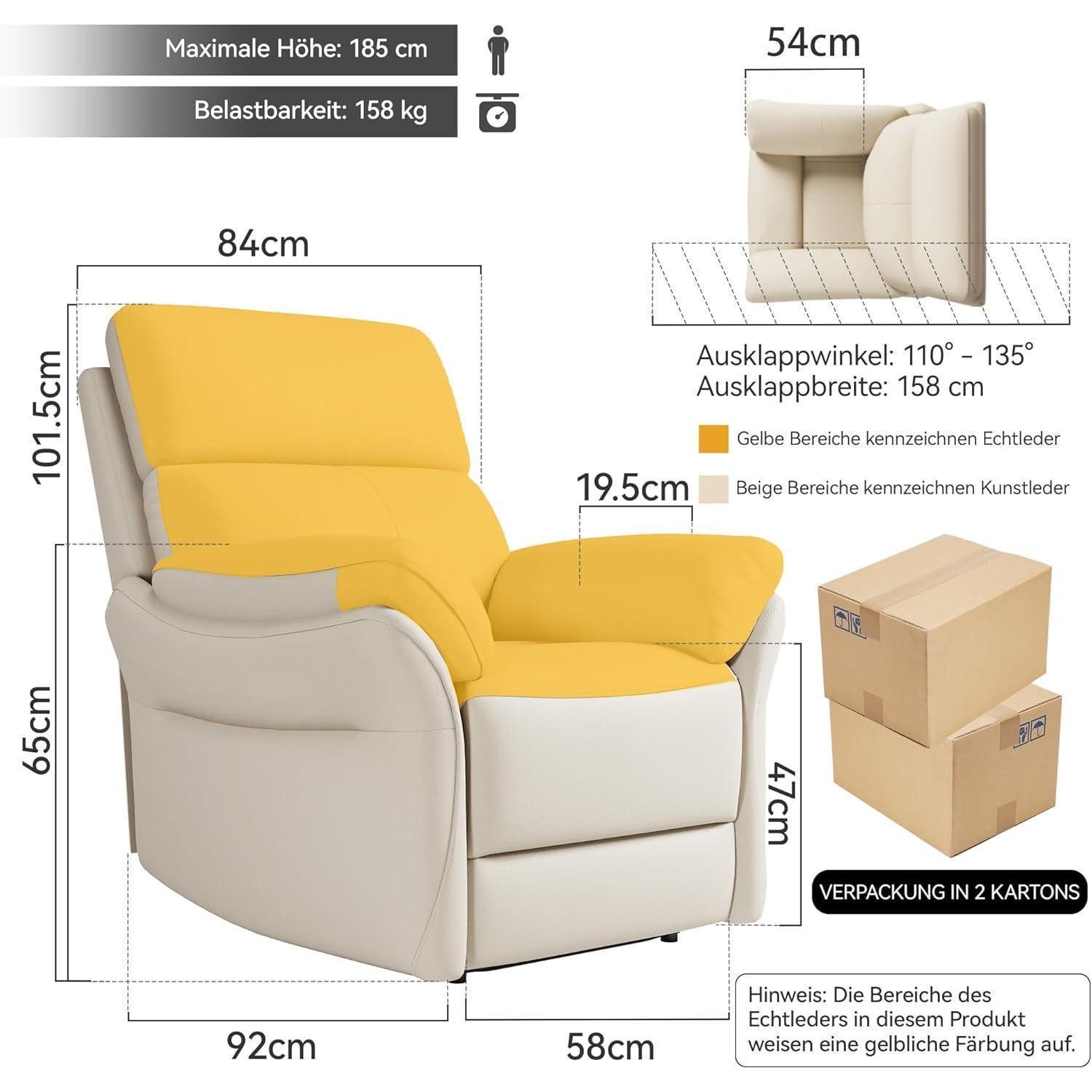 LuxusKollektion TV-Sessel Relaxsessel Echtleder Liegefunktion Fernsehsessel Beige – Bild 2 von 5