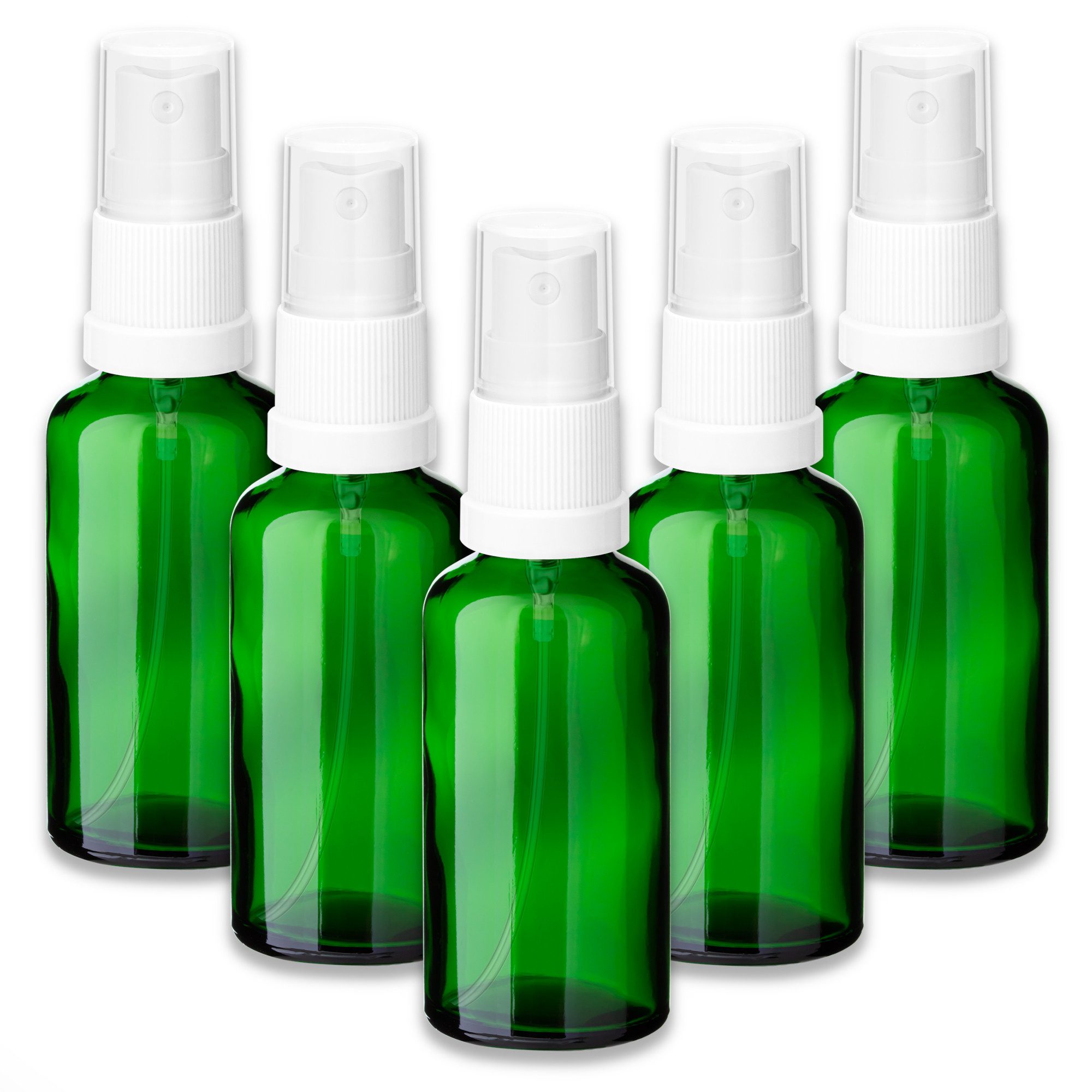 Zerstäuberflasche 5x Grüne Glasflasche 50 ml mit weißem Zerstäuber Sprühkopf Pumpspray