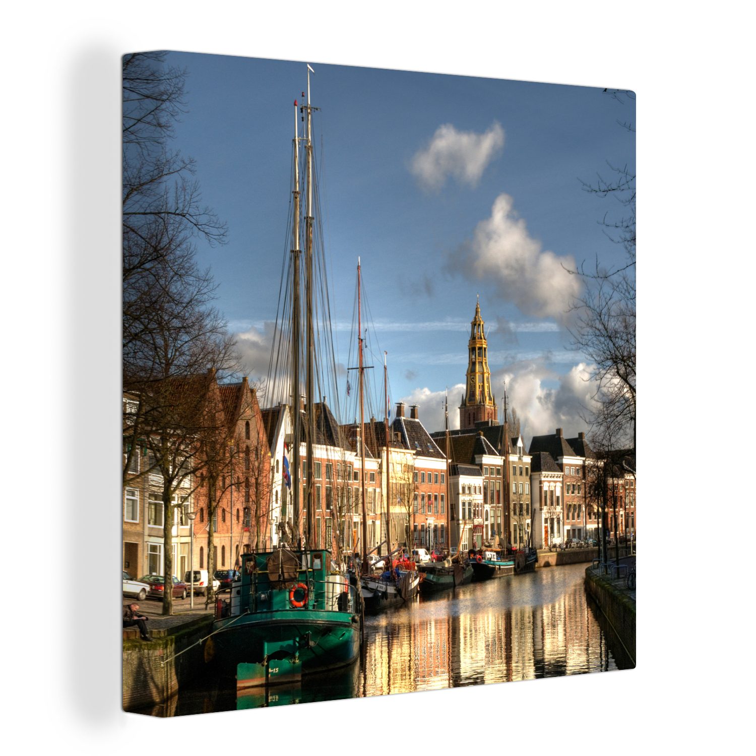 OneMillionCanvasses® Leinwandbild Groningen - Grachtenhaus - Segelboot, (1 St), Leinwand Bilder für Wohnzimmer Schlafzimmer
