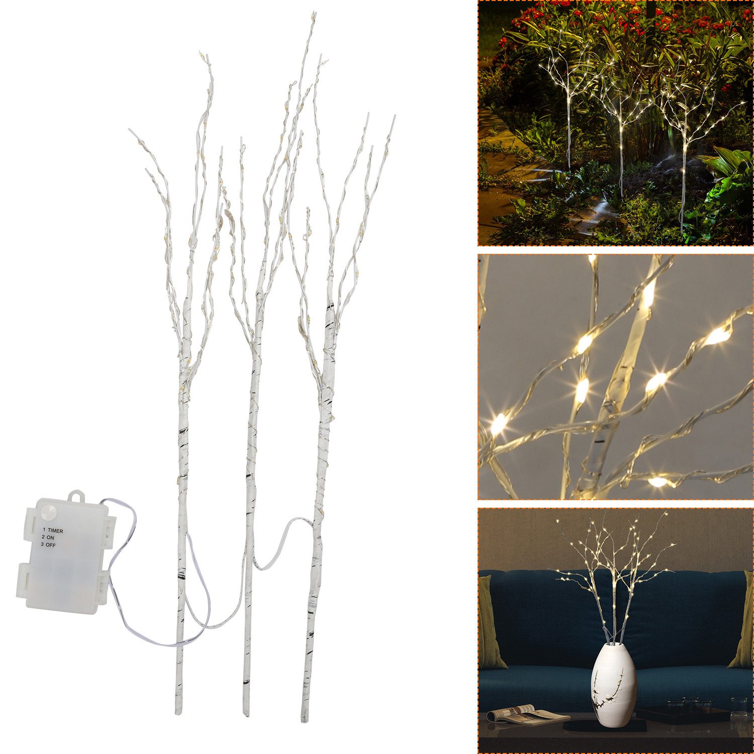 Clanmacy LED-Leuchtzweig LED Lichterzweige 3er Set Dekozweige Timer 50cm mit 70 LEDs