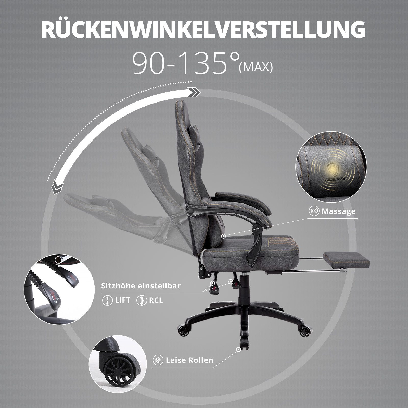 Dowinx Gaming-Stuhl mit Frühling Kissen,Racing Gamer Stuhl mit Massage Lendenwirbelstütze (Packung), Ergonomischer Gaming Sessel mit Fußstütze Bürostuhl PU Lede – Bild 3 von 5