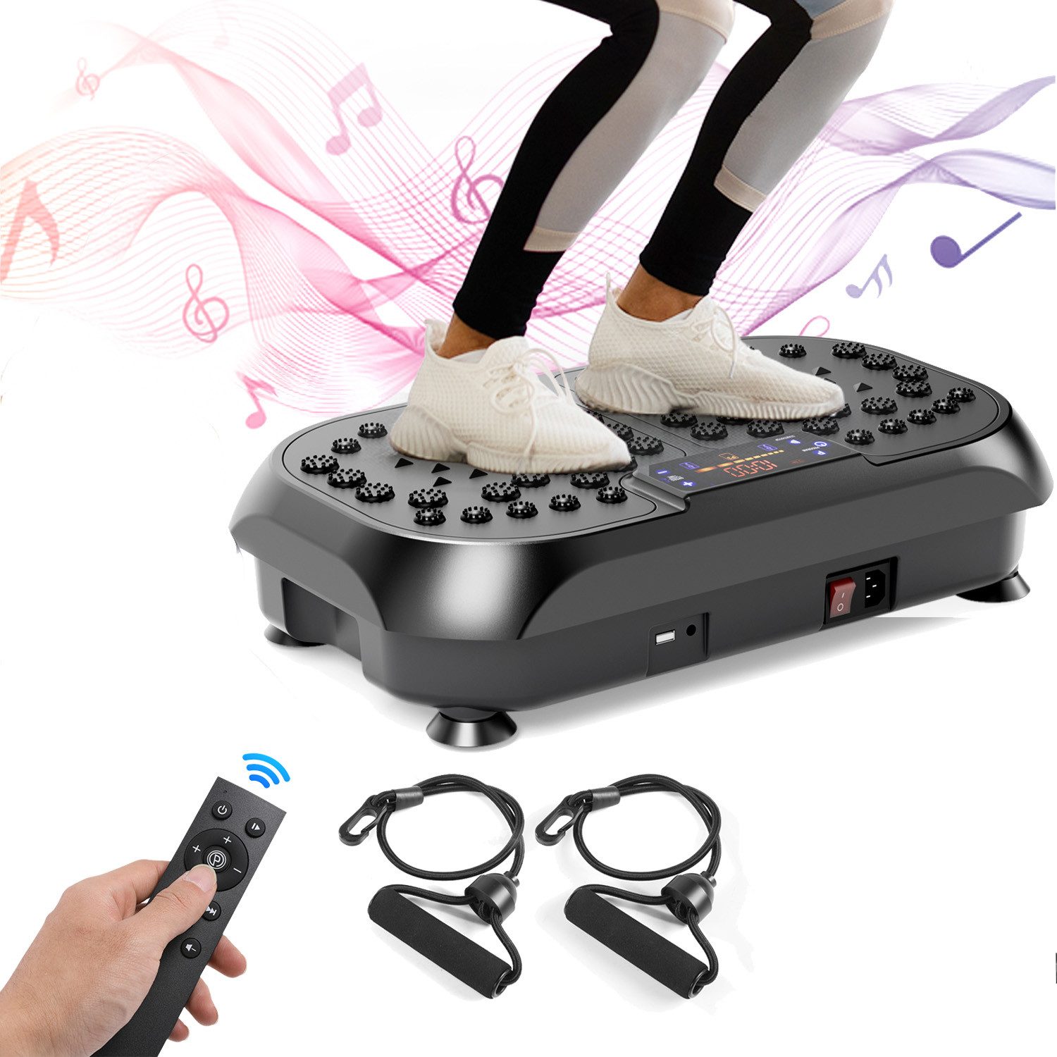 oyajia Vibrationsplatte 4D Vibrationsplatte,Komfort-Massage,Ganzkörpertraining,Leise Motoren, 200 W, 99 Intensitätsstufen, (Vibration Oszillation, Leicht zu Bedienen, Komfortables LED-Display), mit Fernbedienung, Expanderbänder, Ganzkörpertraining, bis 120 kg