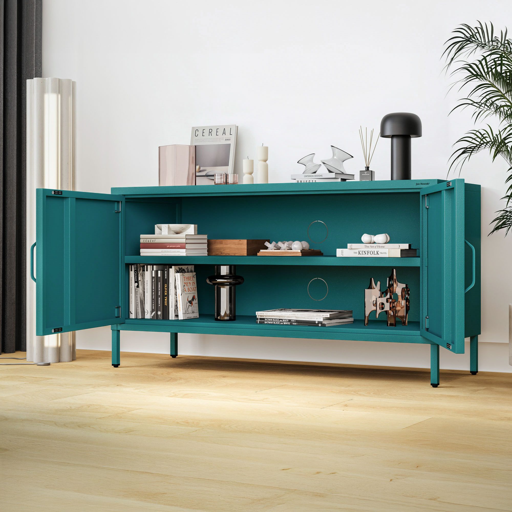Jan Nowak TV-Schrank ROSA TV-Schrank Metall Stahl 115x60x40cm Sparkling Brilliance (Stahl 0,6mm, 1 Regal 40kg, Kabelöffnungen, Magnete Silikonpads) Beine regulierbar Kabelöffnung Wohnzimmer Büro