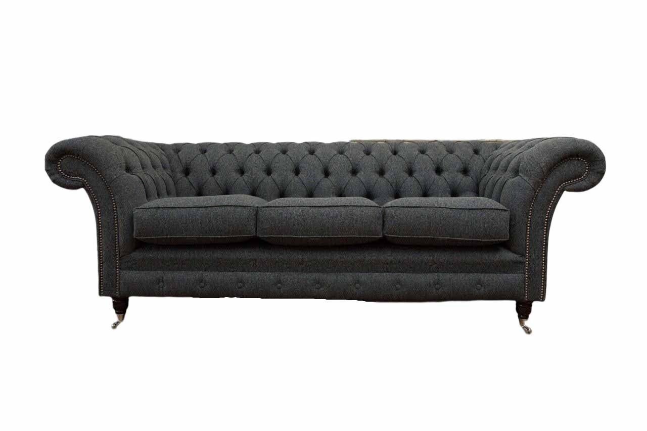 JVmoebel Sofa Chesterfield Textil Polster Design Sofa Luxus Couch Grau Sofa 3 Sitzer, Made In Europe