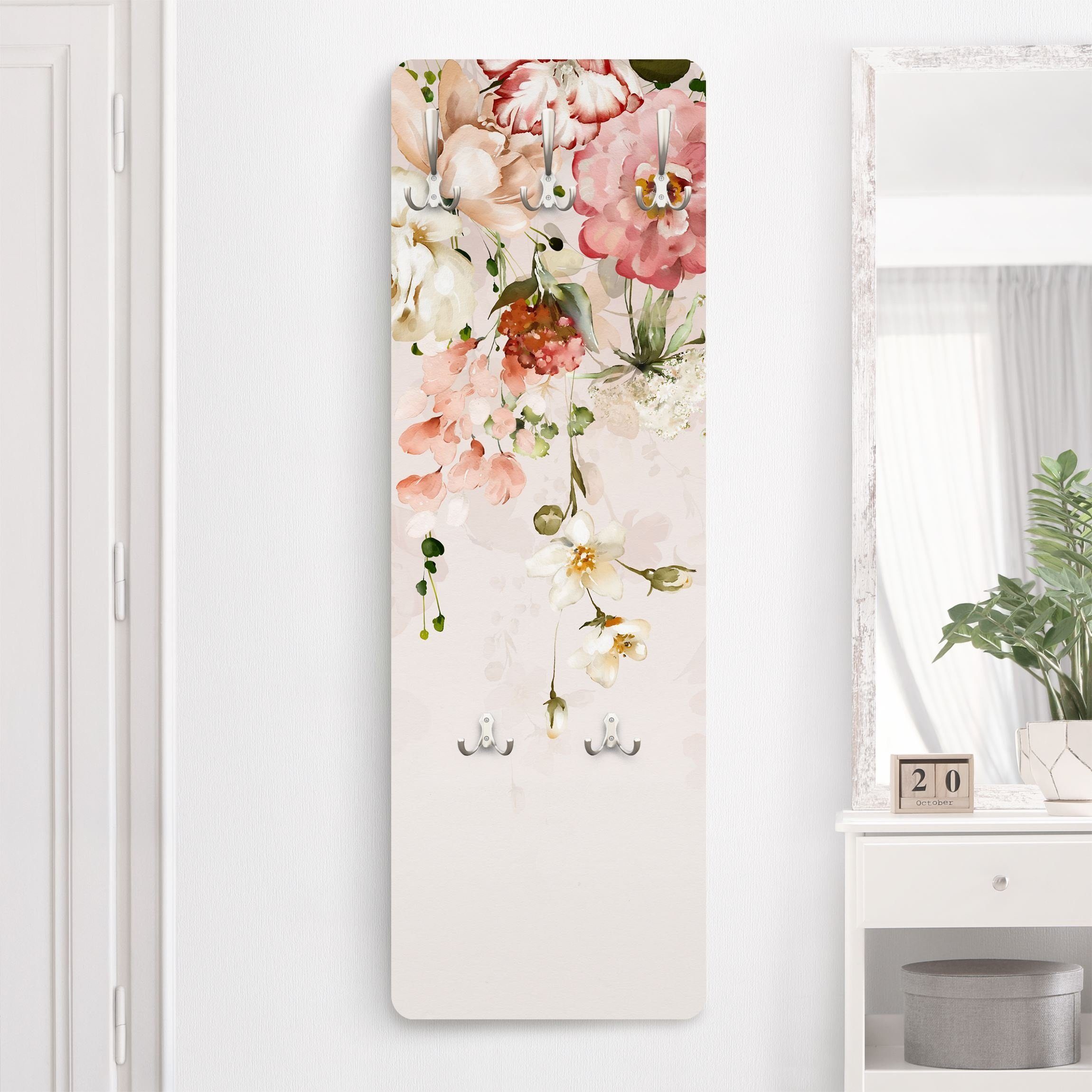 Bilderdepot24 Garderobenpaneel pastell Aquarell Blumen Floral Kunst Rankende Blumen Aquarell Vintage (ausgefallenes Flur Wandpaneel mit Garderobenhaken Kleiderhaken hängend), moderne Wandgarderobe - Flurgarderobe im schmalen Hakenpaneel Design