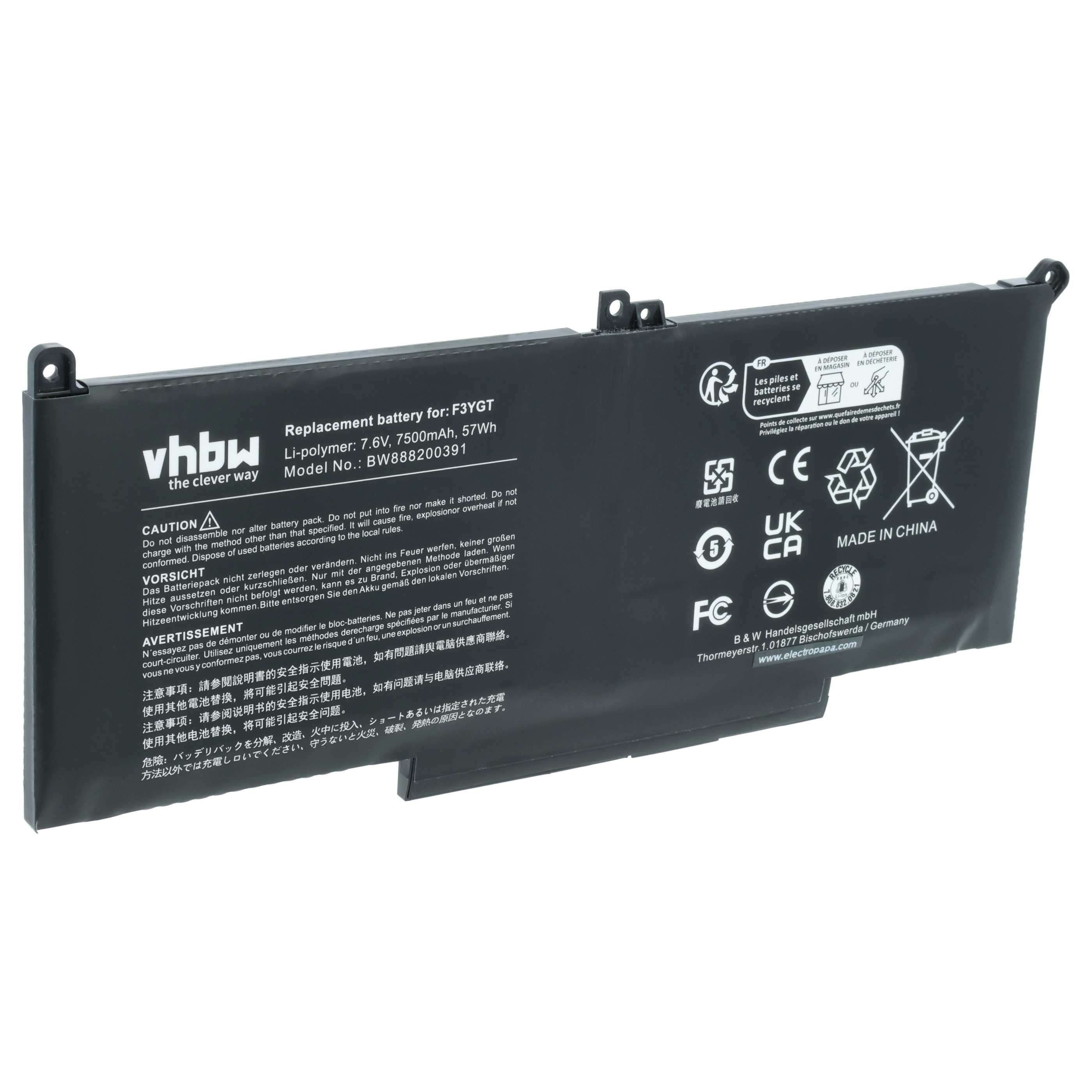 vhbw Akku passend für Dell Latitude 7290, 7280, 14 7490, 7490, 7480, 7390, Laptop-Akku Akku Li-Ion 7500 mAh (7,6 V, 1 St), Leistungsfähiger Austausch-Akku für Notebook, Wiederaufladbar, Jede