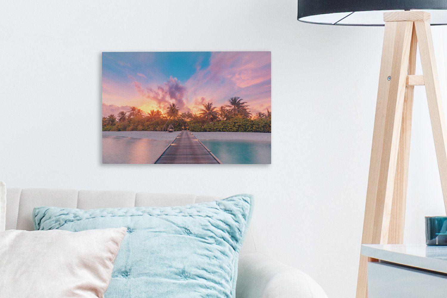 Pier St), Aufhängefertig, Leinwandbilder, Malediven auf cm Sonnenuntergang Leinwandbild aus vom Wandbild OneMillionCanvasses® den (1 gesehen, Wanddeko, 30x20