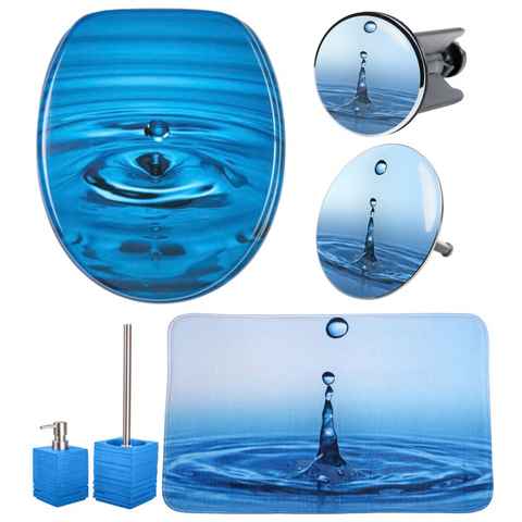 Sanilo Badaccessoire-Set Wassertropfen, Komplett-Set, 6 tlg., bestehend aus WC-Sitz, Badteppich, Stöpsel, Seifenspender, WC-Bürste