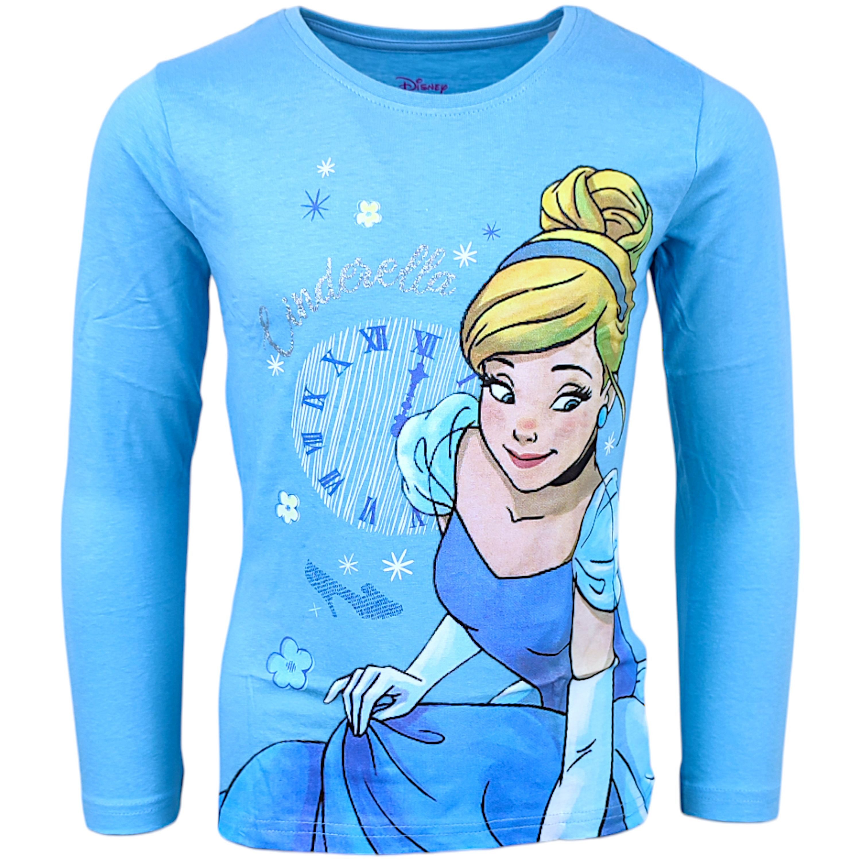 Disney Princess Langarmshirt Cinderella Mädchen Shirt mit Glitzer aus Baumwolle Gr. 98 - 128 cm
