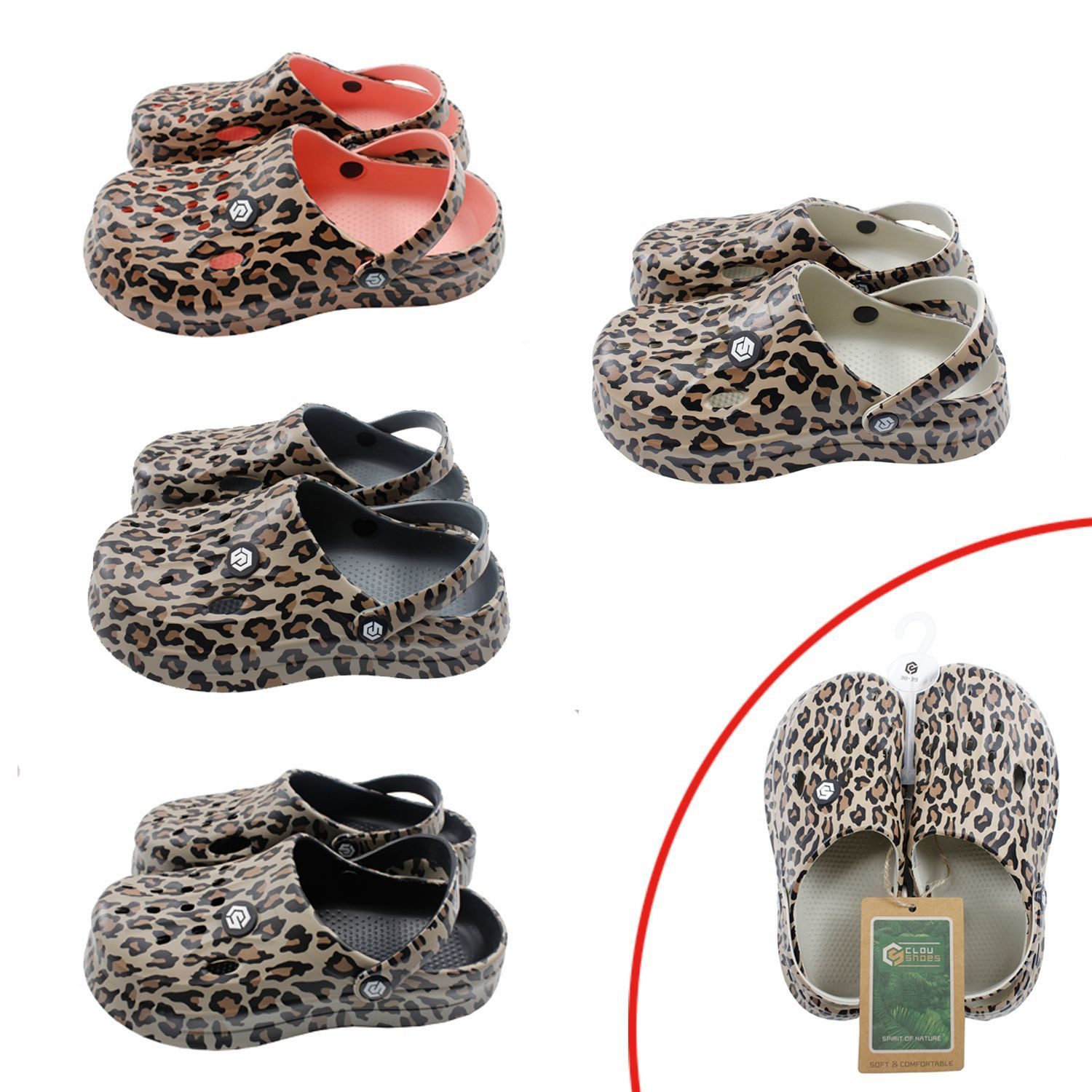 VewoTex Damen Clogs Leo » günstige Damenschuhe » Clogs mit Leoparden-Muster Clog (1 Paar, 2-tlg., 1 Paar) Sommer & Frühling Garten Schuhe mit Riemen und Cut-Outs