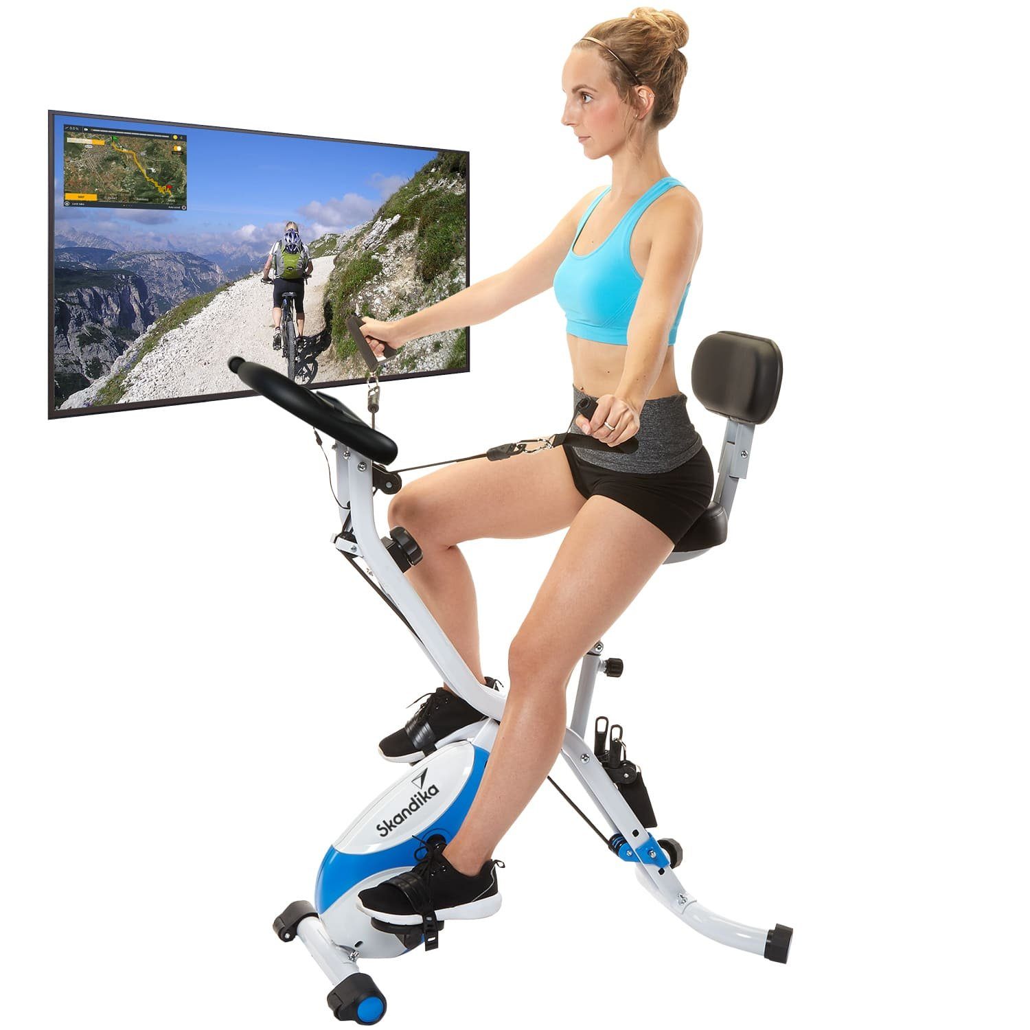 Skandika Heimtrainer Foldaway X-3000, Bluetooth, F-Bike mit Lehne, Ergometer, klappbar, Multi-Gym 4 in 1 Heimtrainer, Beintrainer, Kraftstation