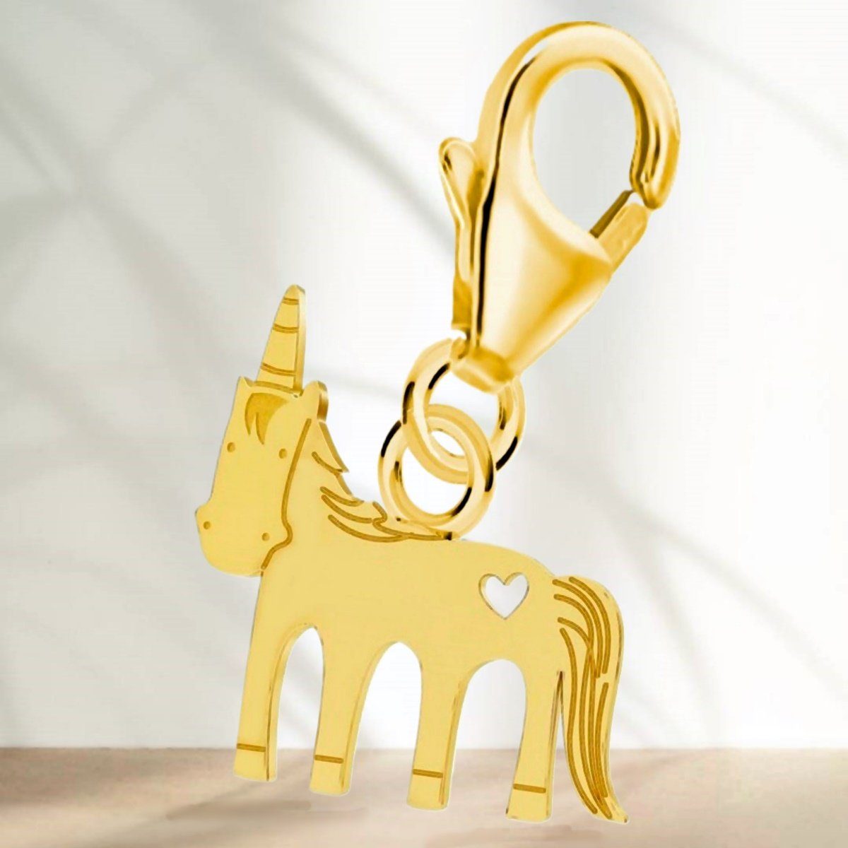 Goldene Hufeisen Charm-Einhänger Mini Einhorn Karabiner Charm 925 Sterling  Silber Vergoldet (1 Stück, inkl. Etui), Gelbgold überzogen