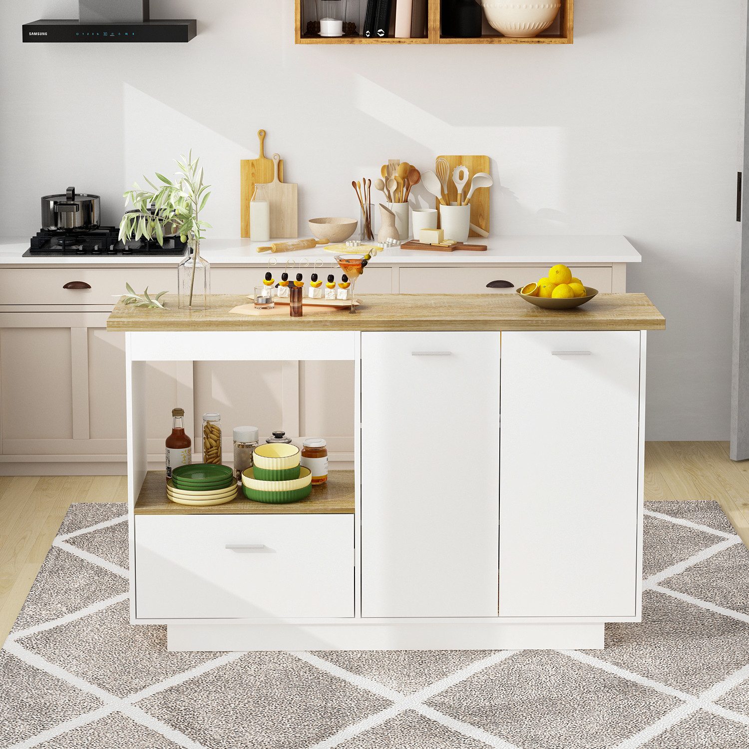 FUFU&GAGA Kücheninsel Kücheninsel mit Klapp-Arbeitsplatte, Weiß/Eiche, MDF, 150×40–80×93 cm