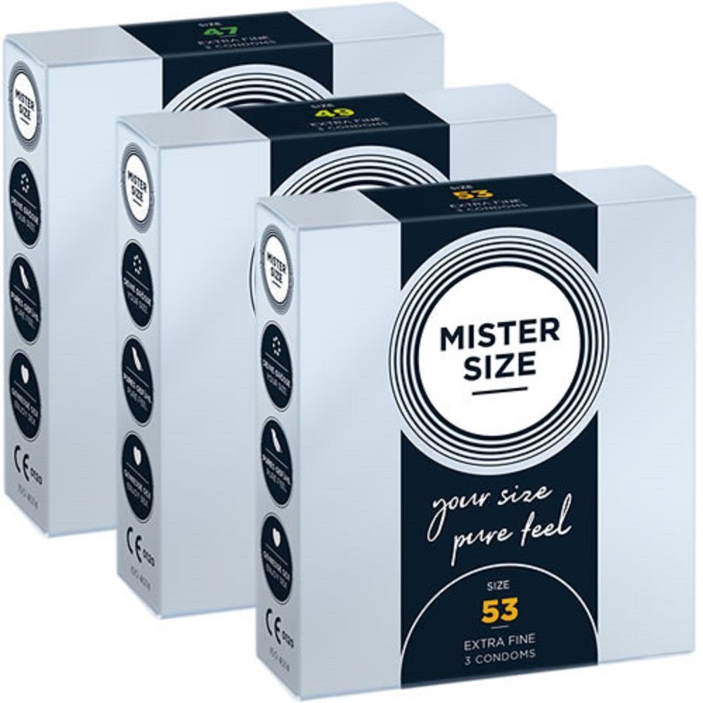 MISTER SIZE Kondome Probierpack S (47mm, 49mm, 53mm) 3 Größen zum Testen, Packung mit 3 x 3 Kondomen, ingesamt, 9 St., Maßkondome, vegan, extra dünn & extra fein, das passende Kondom in Ihrer Größe