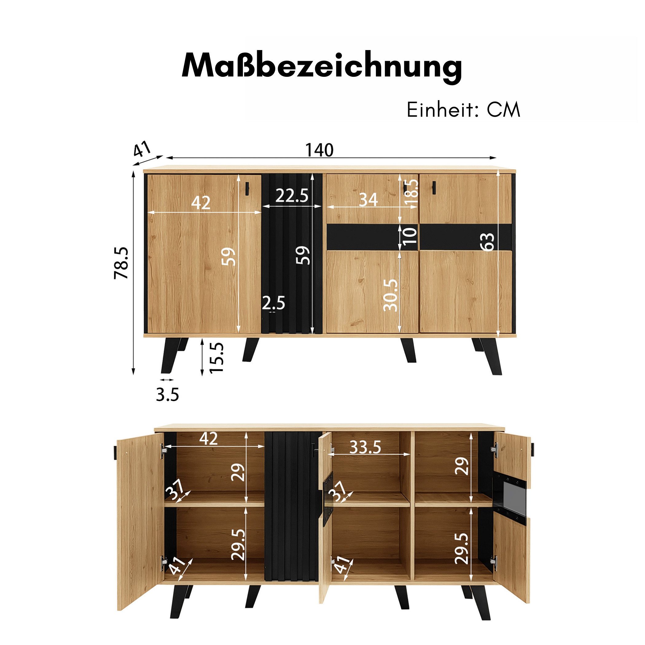 SeedWave Sideboard Modernes Sideboard LED-Beleuchtung Kontrastfarbener Wohnzimmerschrank, Verstellbare Einlegeböden, Türen mit eingelassenen Glassen
