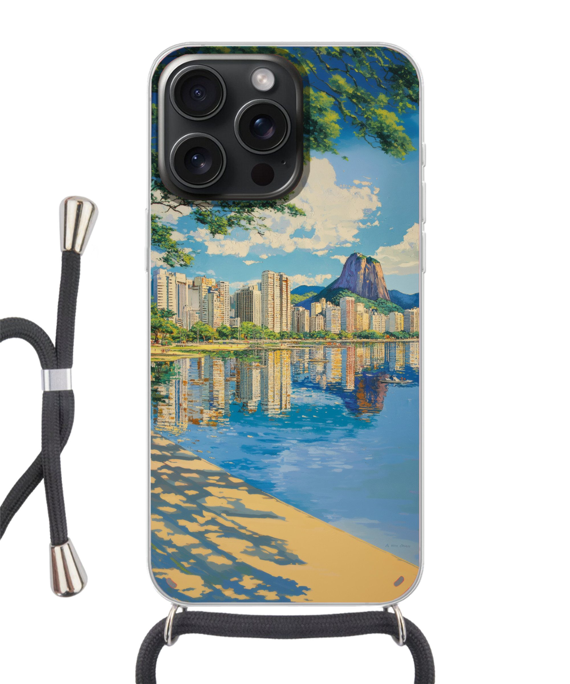 MuchoWow Handyhülle für Apple iPhone 15 Pro Max Berg - Skyline - Strand - Wasser, Tragbare Handyhüllen mit Kette zum umhängen, Handykette Handyband