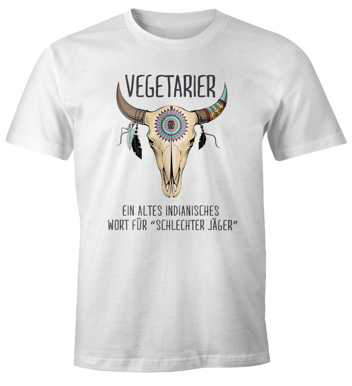MoonWorks Print-Shirt Herren T-Shirt Vegetarier / Veganer Schlechter Jäger Spruch Skull lustig Fun-Shirt Moonworks® mit Print Vegetarier weiß