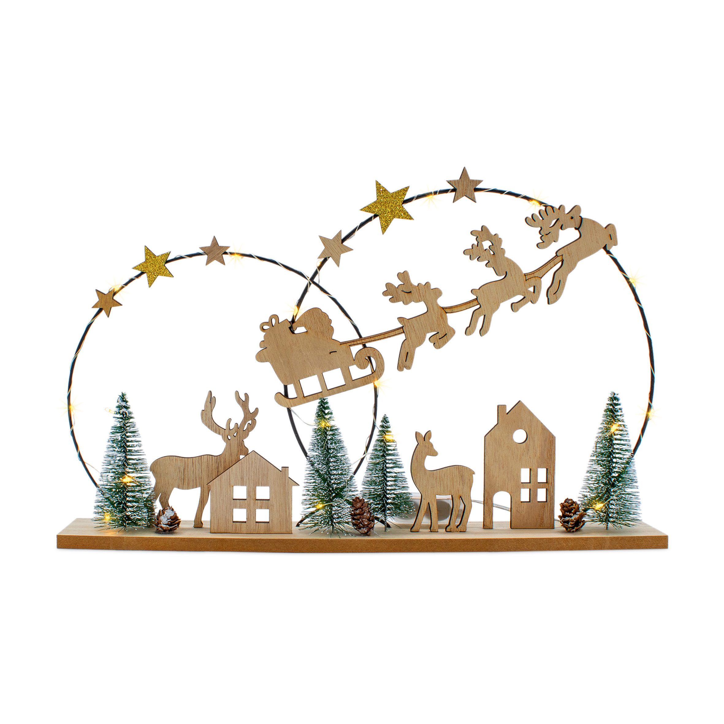 Spetebo Dekoobjekt LED Deko Aufsteller aus Holz mit Weihnachts Motiv (Packung, 1 tlg), Silhoutten Bild Weihnachtsmann mit Schlitten warm weiß beleuchtet