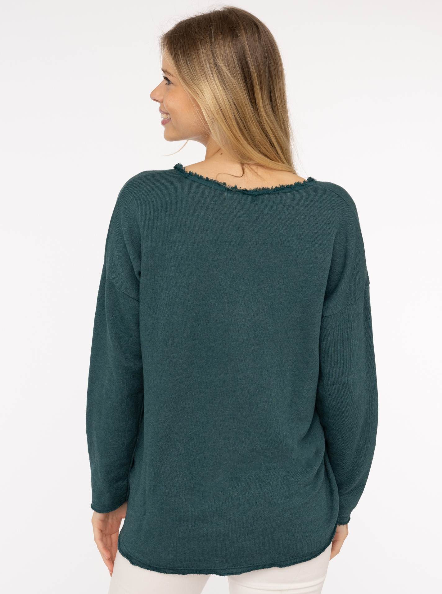 Zwillingsherz Sweatshirt "Positive Mind" ausgefranster V-Ausschnitt, Used Look, Langarm, Schriftzug – Bild 3 von 5