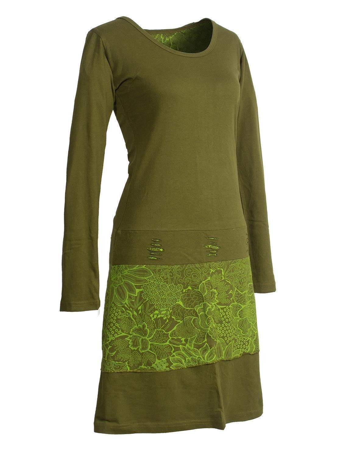 Vishes Jerseykleid Lagenlook Langarm Kleid mit Blumen-Spitze bedruckt Elfen, Hippie, Boho, Goa Style