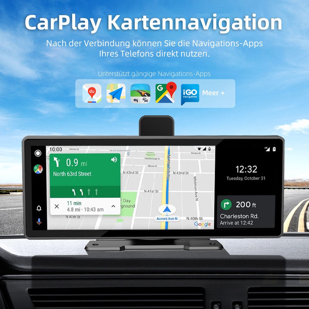 Tekoo 10,26" CarPlay Display mit 4K Dashcam, Android Auto wireless, IPS Dashcam (4K Ultra HD, WLAN, inkl. 4K Dashcam, Dashboard-Halter, AUX-Kabel, Kfz-Ladekabel, 4K Dashcam, Wireless CarPlay, Android Auto, IPS Touch, Loop-Recording)