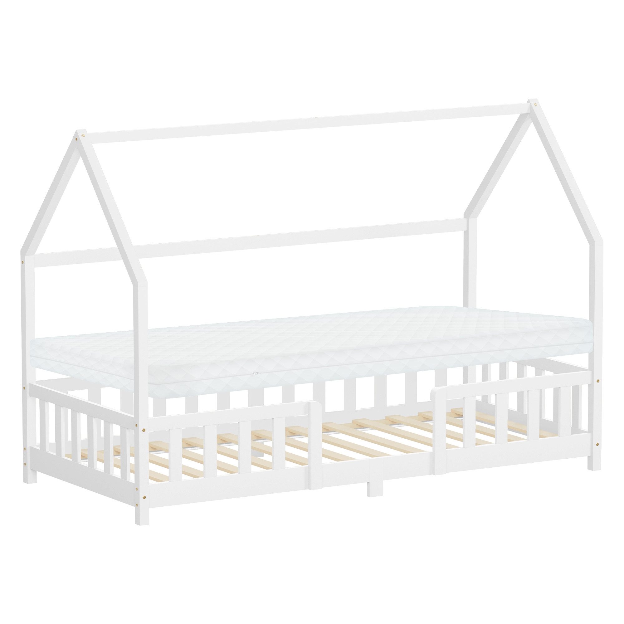ML-DESIGN Spielbett Hausbett Kinderbett inkl. Lattenrost kreativ Bodenbett für Kinder, Abenteuerbett mit Matratze H-10 cm 90x200cm Holzbett Weiß Bettgestell