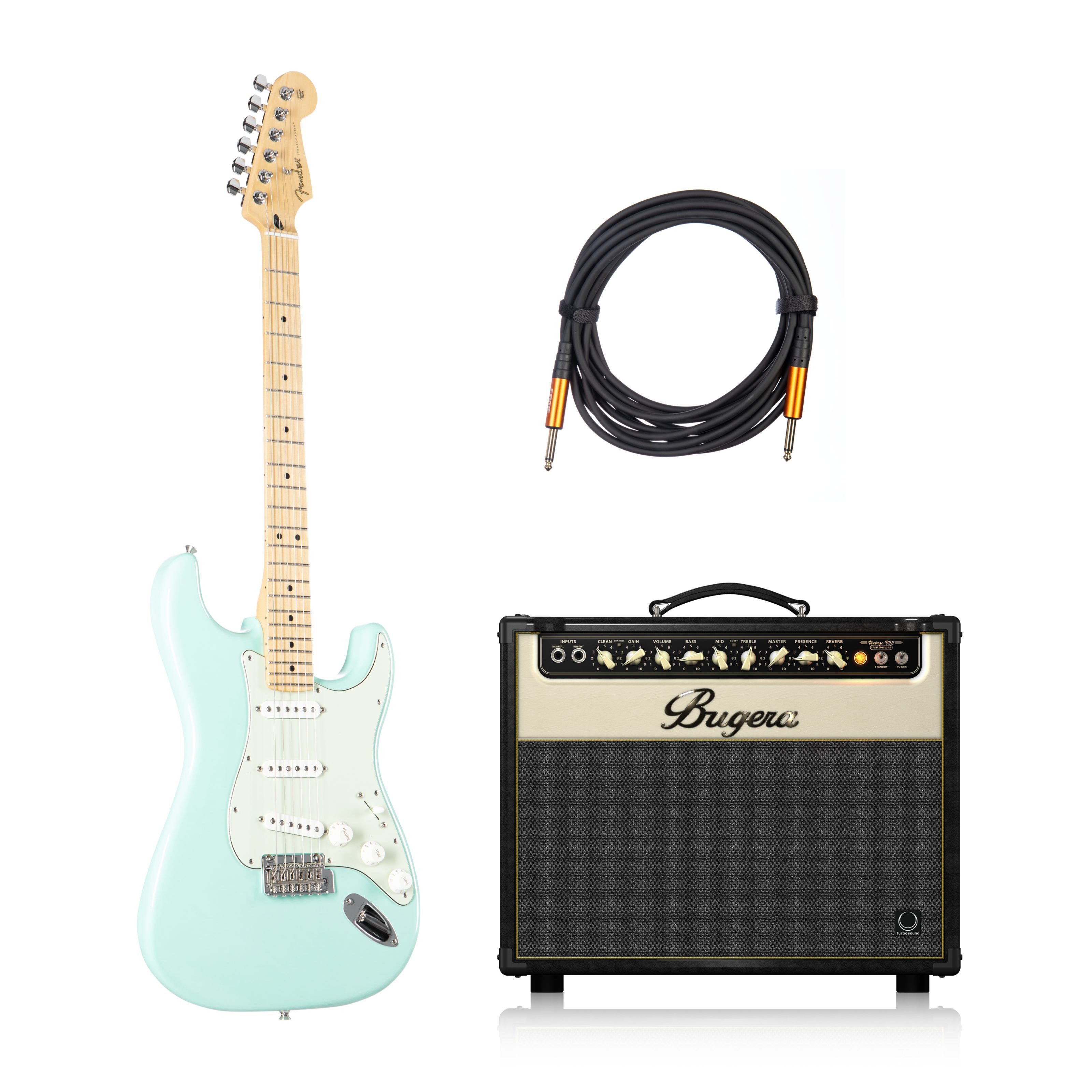 Fender E-Gitarre, Player Stratocaster Surf Green E-Gitarren Set Hochglanz Ahornhals Alnico 5 Tonabnehmer inklusive Gitarrenkabel Nickel/Chrom Hardware 2-Punkt Tremolo, E-Gitarren, E-Gitarren-Sets, Player Strat MN SFG 10 - E-Gitarren Anfänger Set
