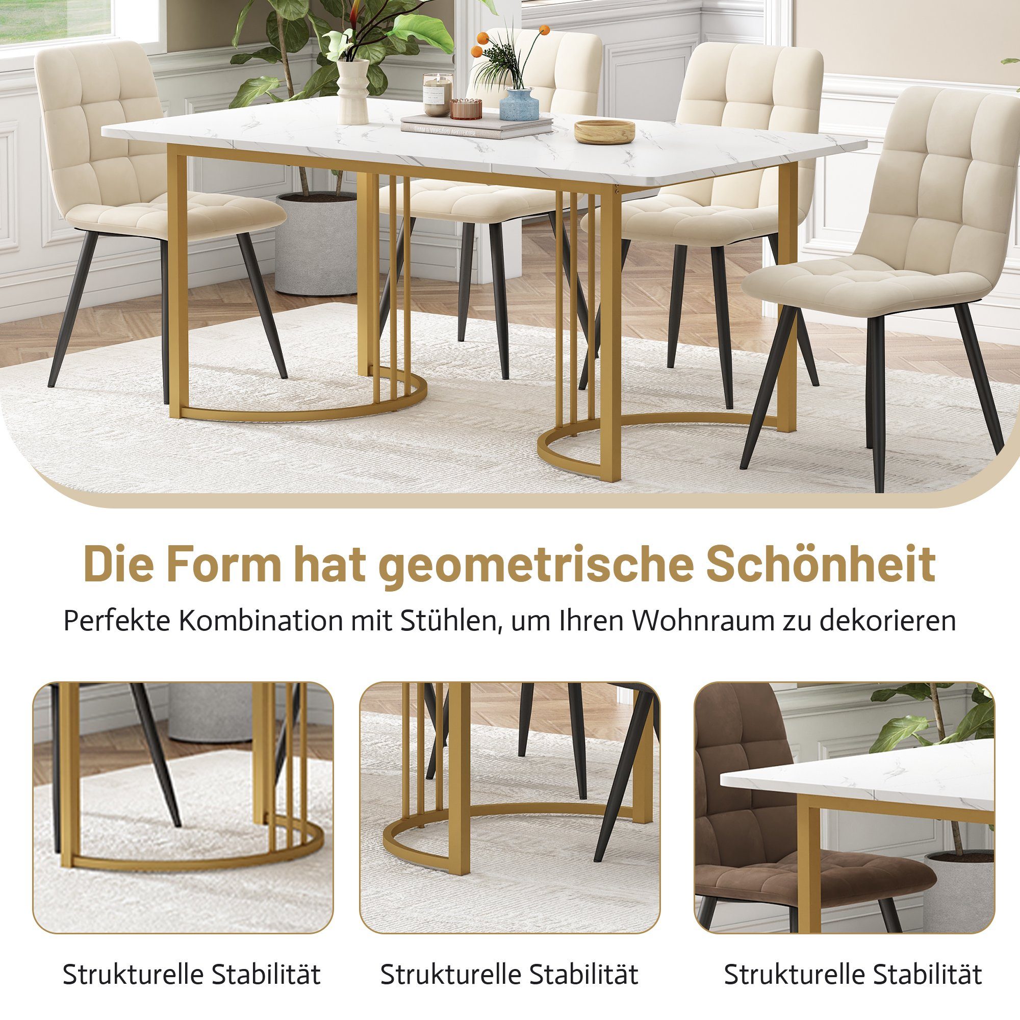 Esstisch (140x80x75 cm, nur Tisch), rechteckig Küchentisch Marmoroptik Esszimmertisch, Metallbeine