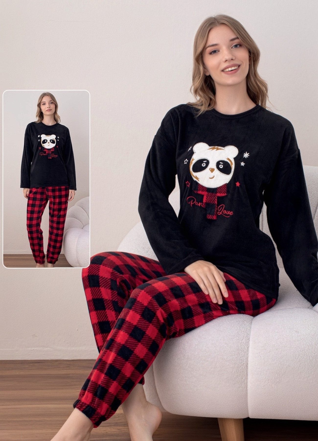 fashionshowcase Pyjama Damen Velours Schlafanzug Soft Samt 100% Baumwolle (2-teilig, Pyjama-Set bestehend aus Oberteil und Hose) Plüsch-Fleece 6 Designs, warm und kuschelig