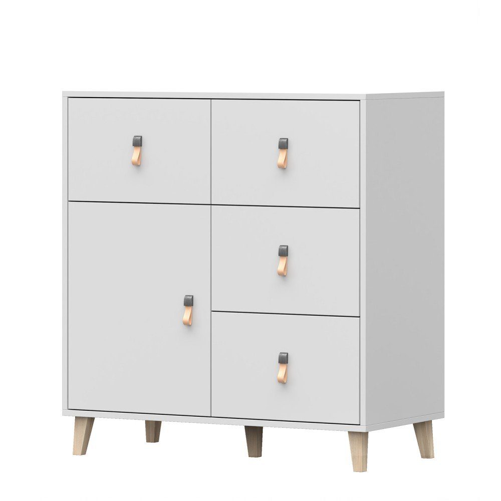 MOEBLO Kommode FAGO 4S1D 03 (Sideboard Wohnzimmer Kommode Schlafzimmer Komodenschrank Highboard, Griffe aus Leder, weiß), (B x H x T): 90x96,50x45 cm