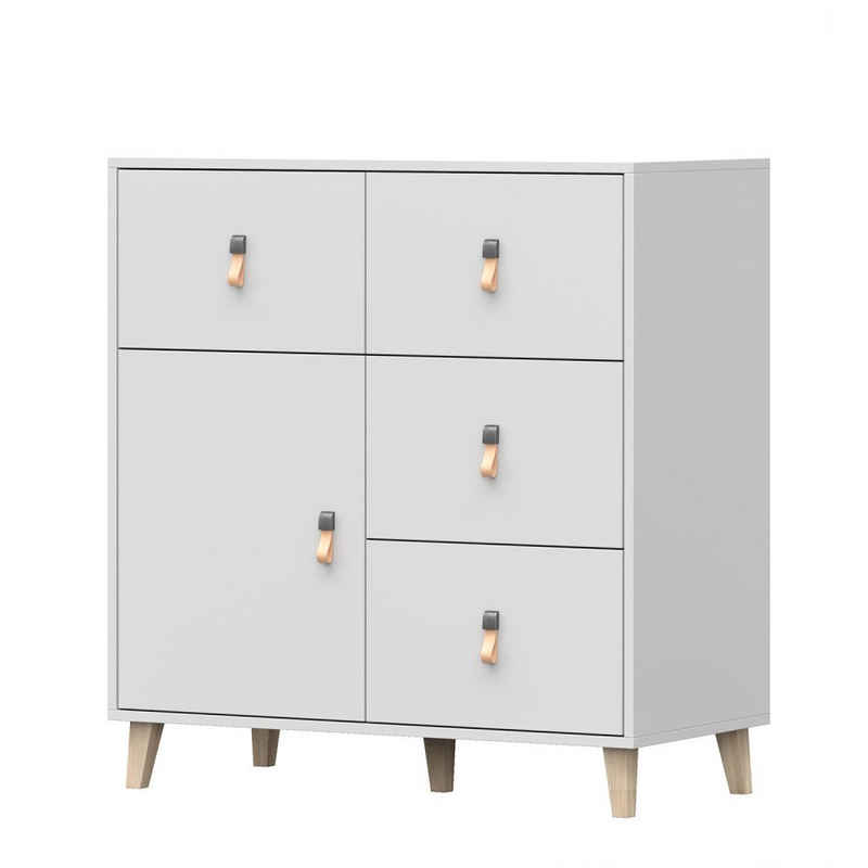 MOEBLO Kommode FAGO 4S1D 03 (Sideboard Wohnzimmer Kommode Schlafzimmer Komodenschrank Highboard, Griffe aus Leder, weiß), (B x H x T): 90x96,50x45 cm