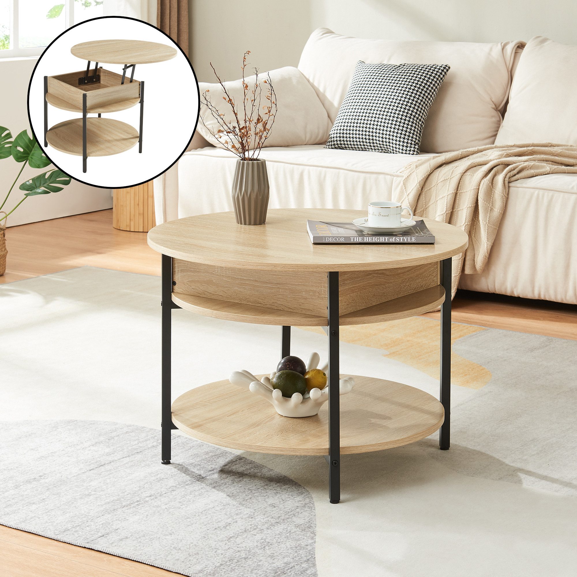 en.casa Couchtisch, »Kandas« mit Hebeplatte rund 70 x 49 cm Eicheoptik günstig online kaufen