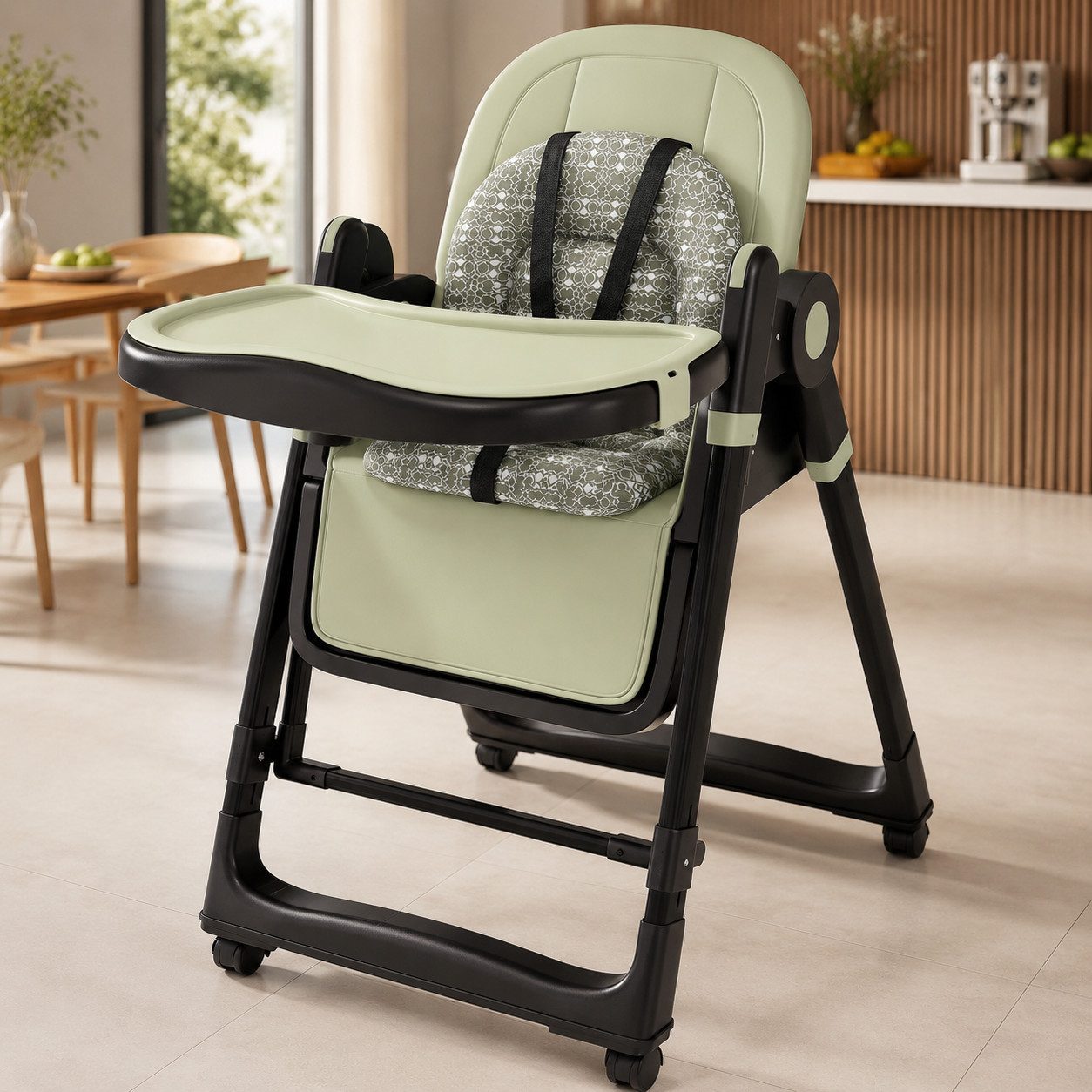 KLAM HOME Kinderklappstuhl 2-in-1 Kinderstuhl mit Wippfunktion, höhenverstellbar & klappbar (Sicherer Kinderstuhl mit 5-Punkt-Gurt & Feststellrädern bis 100kg), Weißer Kinderstuhl mit abnehmbarer Ablage für 6 Monate bis 3 Jahre