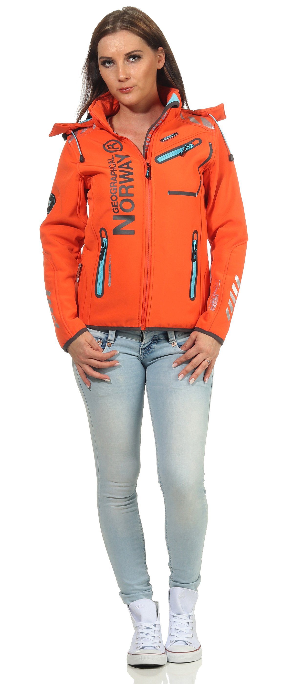 Geographical Norway Softshelljacke Damen Softshell Windbreaker Regen Outdoor Jacke in Unifarbe, mit abnehmbarer Kapuze, mit Stehkragen